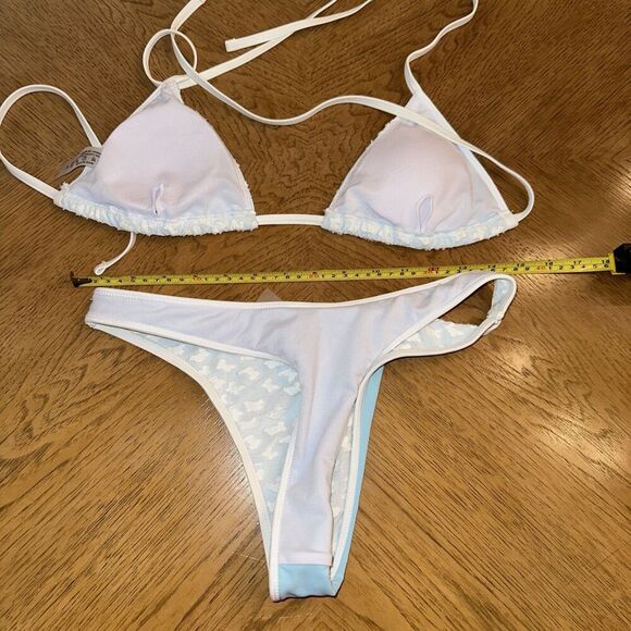 Bikini Set Womens Small High Rise Swim Suit blue cloud Thong Cheeky - Picture 2 of 3